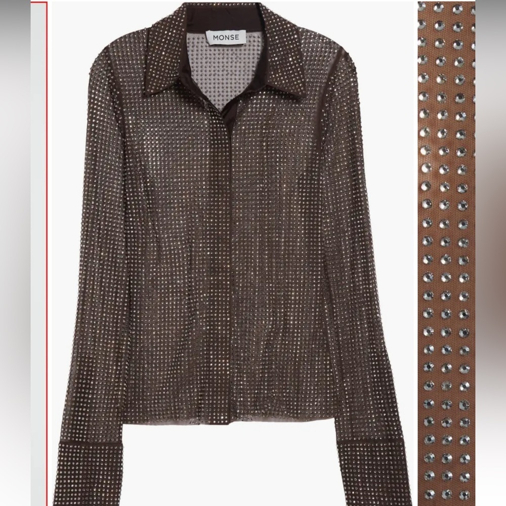 Monse Crystal Embellished Button-Up Shirt in Teak/ Silver New with Tags! - Picture 6 of 12
